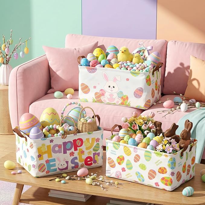 3 Pack Easter Storage Baskets Waterproof Canvas with Leather Handles Bunny Basket Box Collapsible Storage Bins Box for Closet Toys Clothes Room Decor Gift Basket