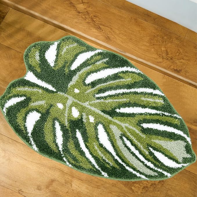 Green Bathroom Rug - Leaf Bath Mat Tropical Monstera Bath Rugs Non Slip Washable Bathrug for Bathroom Floor, Cute Bathmat Restroom Rug, Plant Absorbent Bath Mats Botanical Home Decor 20" x 32"