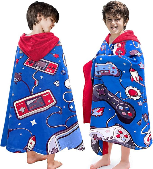 Hooded Towels for Kids -Toddler Beach Towel- Super Absorbent & Quick Dry 100% Cotton 35x60 Inch - to Kid Ages 3-12-Video Game/Gaming Pattern Design