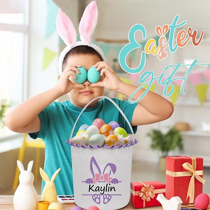 Easter Baskets for Girls Boys, Personalized Easter Basket with Name - Purple Bow Bunny