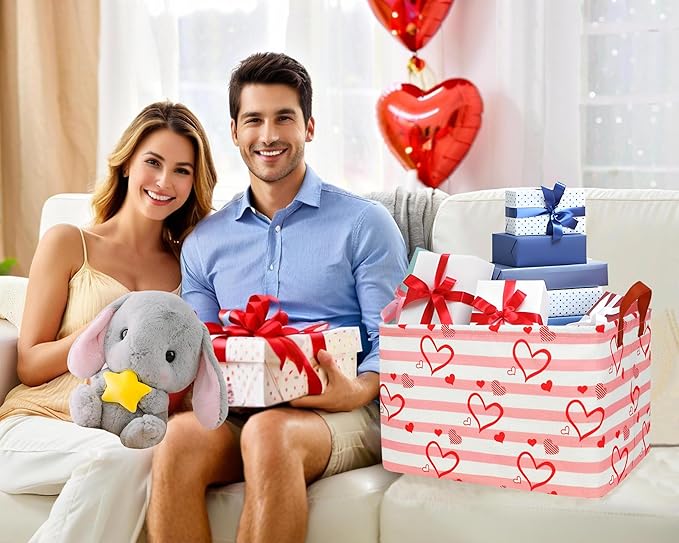 Large Valentine's Day Basket Heart Shaped Storage Bin for Gifts Collapsible Organizer Room Decor (Pink Horizontal Bar Love)