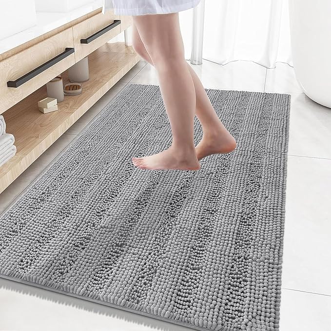 Grandaily Chenille Striped Bathroom Rugs 59x35, Extra Thick and Absorbent Bath Mats, Non-Slip Soft Plush Shaggy Shower Carpet, Machine Wash Dry, Bath Rug for Bathroom, Dark Gray