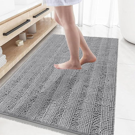 Grandaily Chenille Striped Bathroom Rugs 59x35, Extra Thick and Absorbent Bath Mats, Non-Slip Soft Plush Shaggy Shower Carpet, Machine Wash Dry, Bath Rug for Bathroom, Dark Gray