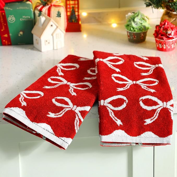 4 Pcs Christmas Bow Hand Towels for Bathroom 13 x 29'' Soft 100% Cotton Red Christmas Face Towel Kitchen Decor Absorbent Preppy Bathroom Decor Bridal Shower Wedding Gift