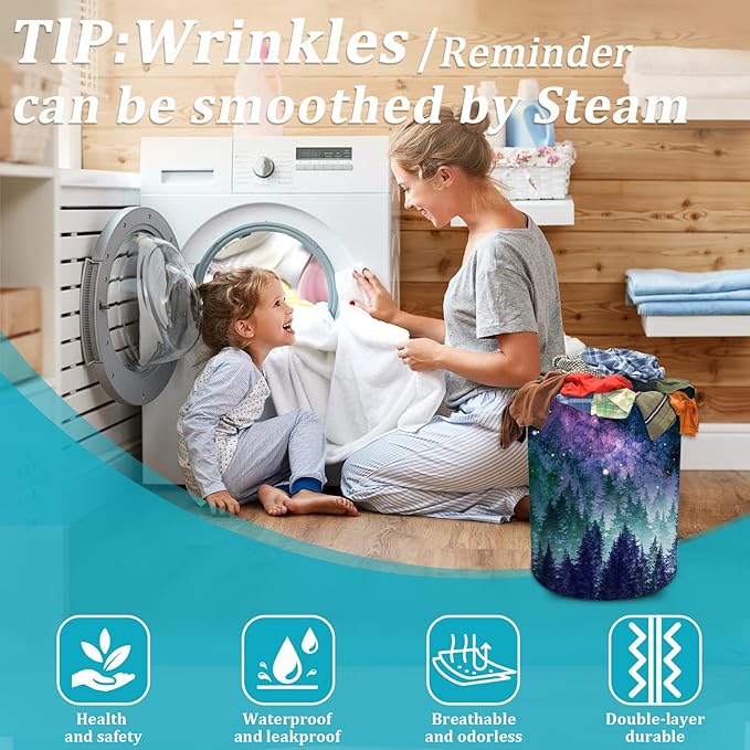 Galaxy Laundry Basket, Purple Forest Laundry Hamper Funny Tote Bag Dirty Clothes Storage Bucket Toy Organizer for Bathroom/Laundry/Bedroom 15.7"x19.6"