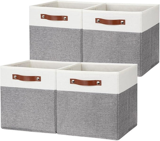 HNZIGE Fabric Storage Cubes, Set of 4, Foldable Cube Organizers for Shelves, Home,Decorative Bins for Organizer Home Toy Nursery Closet(White Gray)