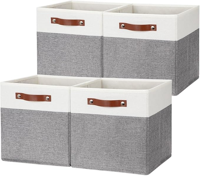 HNZIGE Fabric Storage Cubes, Set of 4, Foldable Cube Organizers for Shelves, Home,Decorative Bins for Organizer Home Toy Nursery Closet(White Gray)