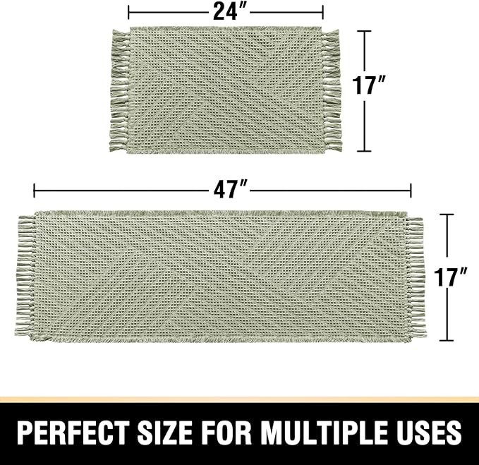 H.VERSAILTEX Waffle Bath Mat Super Absorbent Boho Bath Mat Non Slip Bath Rugs for Bathroom Floor Machine Washable Dry Fast Bathroom Rugs with Tassels (47 x 17 Plus 17 x 24 Inches, Sage)