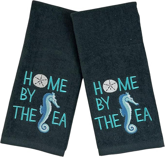 Home by The Sea Embroidered Seahorse Guest Hand Bath Towels, 2 Piece Set, 100% Cotton, Dark Gray