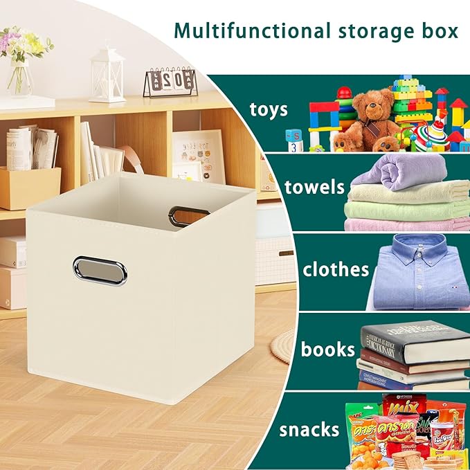 Black Foldable Storage Cubes Bins, Fabric Storage Box Cubes Organizer Baskets with Dual Handles for Home Organizer,Set of 3,(Creamy-White)