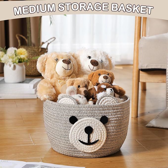 Zopeal Bear Basket 13" D x 9.5" H for Nursery Cotton Rope Woven Cute Storage Basket with Handles Animal Hamper for Baby Shower Laundry Bathroom Home Decorative