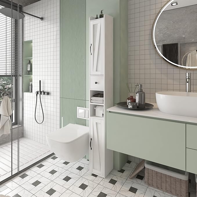 Tall Bathroom Storage Cabinet with Adjustable Shelves, Narrow Storage Cabinet with 2 Doors, Drawer, Toilet Paper Holder, Slim Storage Cabinet for Small Space, Kitchen, Laundry, Entryway, White