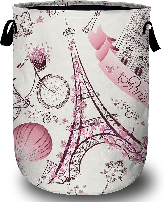 Romantic Paris Eiffel Tower Laundry Basket, Laundry Hamper Collapsible Oxford Cloth with Handle Clothes Toy Storage Bin for Bathroom Laundry Room Bedroom 15.7 X 20 Inch