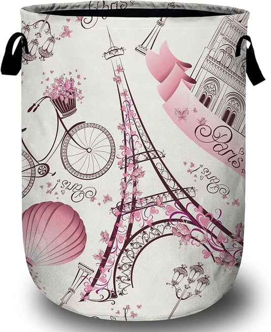 Romantic Paris Eiffel Tower Laundry Basket, Laundry Hamper Collapsible Oxford Cloth with Handle Clothes Toy Storage Bin for Bathroom Laundry Room Bedroom 15.7 X 20 Inch