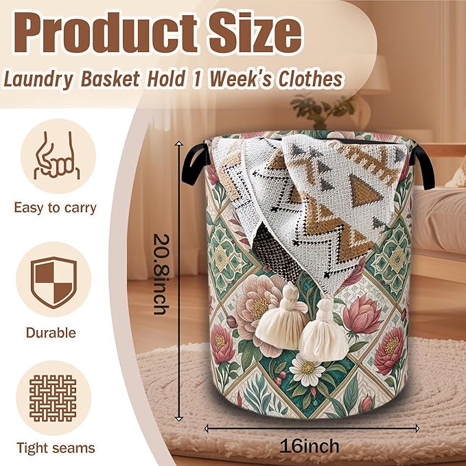 Elegant Floral Laundry Basket,Waterproof Foldable Vintage Peonies Roses Laundry Hamper,Dirty Clothes Basket, Linen Bin Storage Organizer Collection 16" x 20.8"
