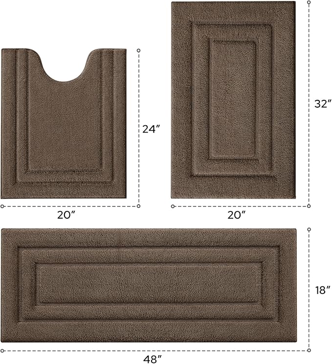 HOMEIDEAS Bathroom Rugs Sets 3 Piece, Microfiber Shaggy Bath Mat Set, Non-Slip Ultra Soft Carpet Mats, Large Rugs with U-Shaped Toilet for Bathroom, Tub, Shower, Brown