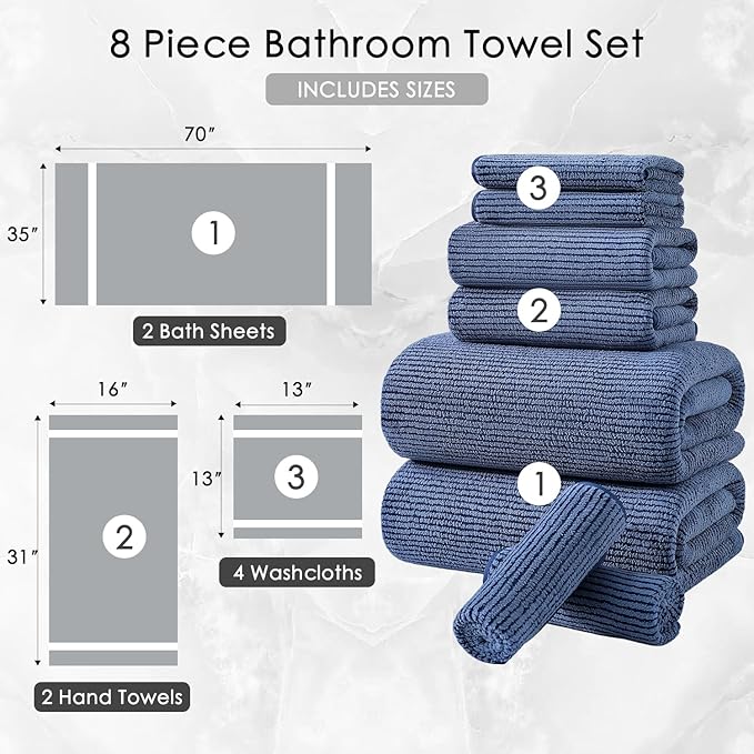 8-Piece Premium Towel Set for Bathroom|2 Oversized Large Bath Sheet,2 Hand Towels,4 Washcloths|Soft Cozy Highly Absorbent Fast Dry Microfiber Shower Towel Set for Hotel Bathroom Essentials,Navy Blue