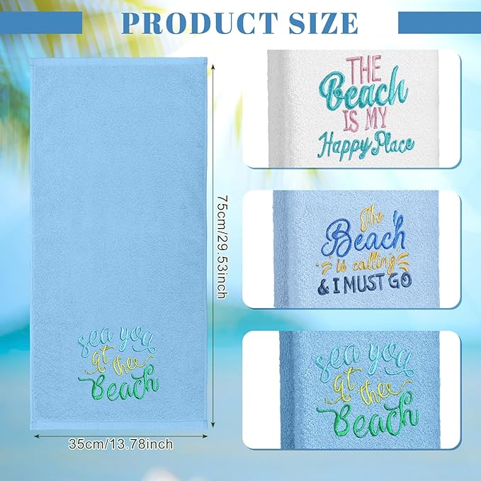 3 Pack Coastal Hand Towels for Bathroom 100% Cotton Embroidered Bathroom Towels 13.78 x 29.53 Inch Hand Towels Soft Absorbent Cotton Towel(Blue Series,Beach)