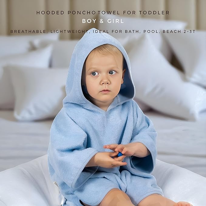 Hooded Poncho Towel for Toddler Boy & Girl - 100% Soft Organic Cotton, Absorbent, Breathable, Lightweight. Ideal for Bath, Pool, Beach 2-3T (Blue, 2-3T)