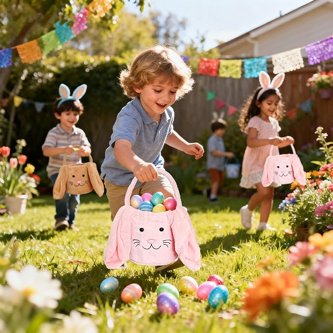 Easter Bunny Basket for Kids, Fluffy Easter Egg Hunt Bag Soft Fabric, Cute Rabbit Tote Bags with Long Plush Ear Easter Tote Bags for Candy Gifts Storage (Pink)