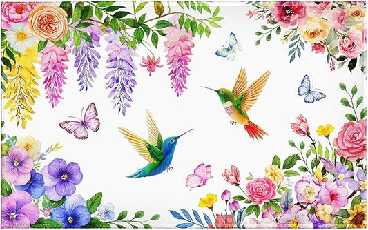 Hummingbird Flowers Bath Rug, Watercolor Spring Floral Butterly Bathroom Mats 32x20 Inch, Birds Plant Non-Slip Absorbent Bathroom Rugs for Bedside Shower Room Bathtub Kitchen Sink