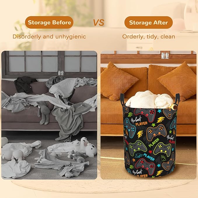 Game Controller Collapsible Laundry Basket,Player Gamepad Bedroom Waterproof Laundry Hamper,Bathroom Large Storage Bag,College Dormitory Living Room Nursery Organizer Toy Bin 16" x 20"