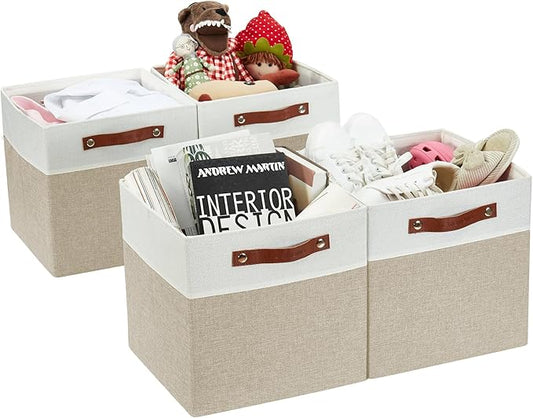 DECOMOMO Fabric Cube Storage Bins - Storage Baskets for Shelves, Cube Storage Organizer for Kallax and Cubbies (Beige & White, 11 inch Cube) - 4 Pack