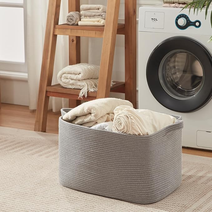 108L Extra Large Blanket Basket, 24.8" x 16.2" x 16.2" Rectangle Woven Storage Baskets for Living Room, Nursery, Bedroom, Toy Basket with Handle (Dark Grey)