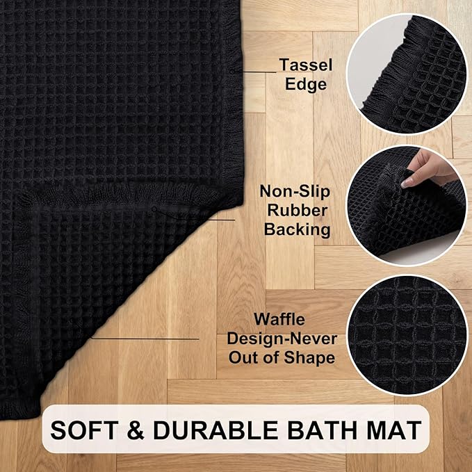 Hiasan Waffle Bath Mat, Super Absorbent Non Slip Bathroom Boho Rug with Tassels, Machine Washable Bath Mats for Bathroom, Ultra Soft Rubber Backed Rug, Black, 16 x 24 Inches