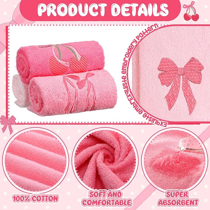 3 Pcs Pink Hand Towels for Bathroom Coquette Bow Embroidered Decorative Towel 100% Cotton Soft Absorbent Kitchen Facecloth Preppy Bathroom Decor Bridal Shower Wedding Gift 13.7 x 29.5''
