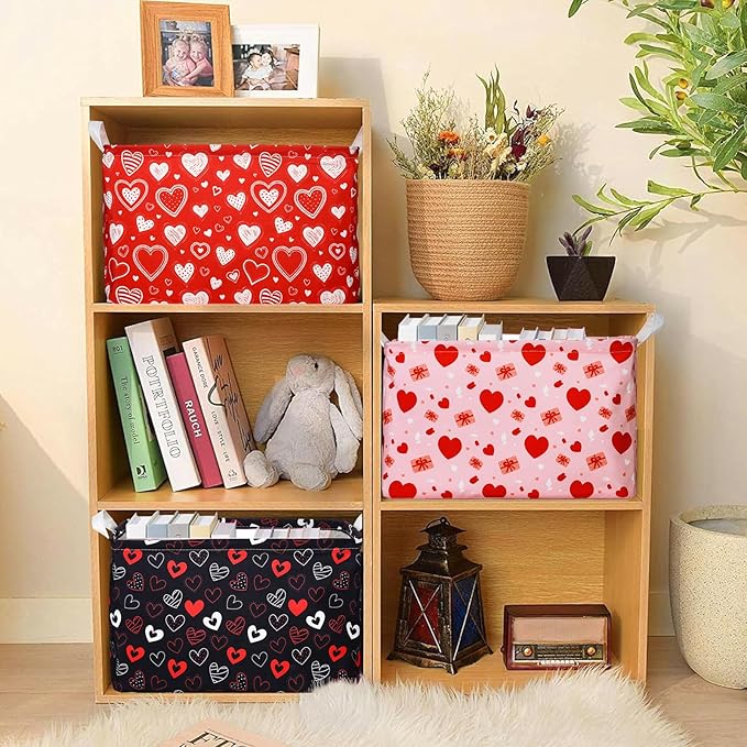 Bucherry 6 Pcs Valentine's Day Storage Baskets Empty Red White Pink Heart Collapsible Waterproof Canvas Storage Bin Organizer with Handles for Galentines Gifts Bookshelf Box Laundry Decor