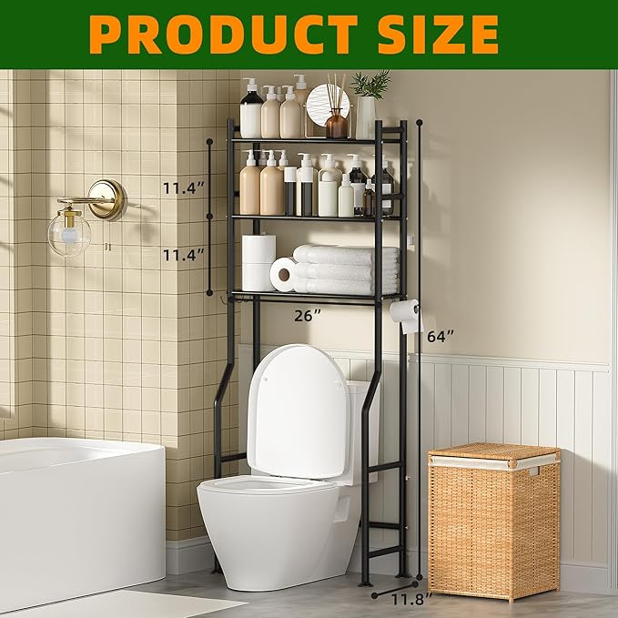 3-Tier Over The Toilet Storage, Space Saver Metal Bathroom Shelves, Freestanding Above Over Toilet Storage Shelf with 4 Hooks for Bathroom, Black