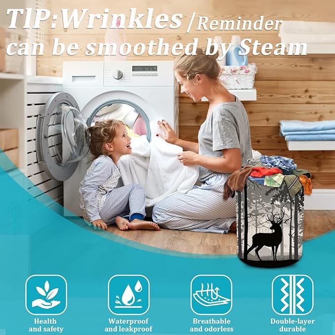 Deer Pine Tree Laundry Basket, Foggy Forest Laundry Hamper Foldable Waterproof Funny Tote Bag Dirty Clothes Storage Bucket Toy Organizer for Bathroom/Laundry/Bedroom 15.7"x19.6"