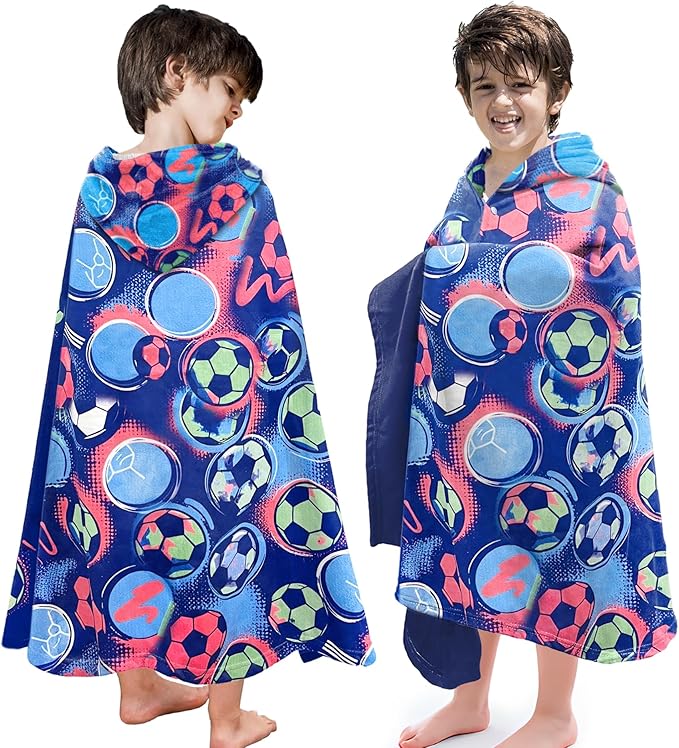 Hooded Towels for Kids -Toddler Beach Towel- Super Absorbent & Quick Dry 100% Cotton 30x50 Inch - to Kid Ages 3-10-Soccer Pattern Design
