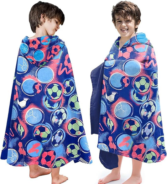 Hooded Towels for Kids -Toddler Beach Towel- Super Absorbent & Quick Dry 100% Cotton 30x50 Inch - to Kid Ages 3-10-Soccer Pattern Design