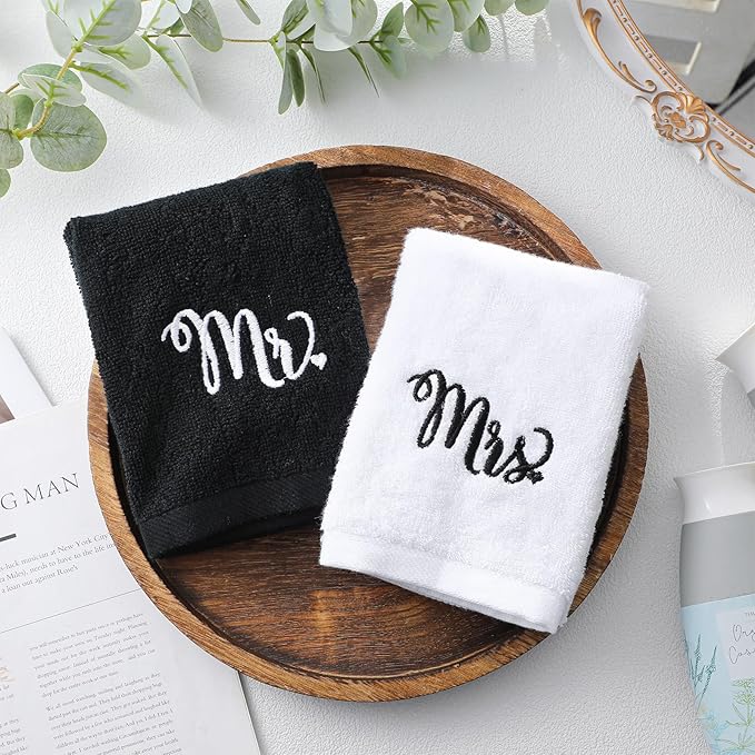 2 Pcs Mr. and Mrs. Hand Towels 100% Cotton Embroidered Bathroom Towel Wedding Mr. and Mrs. Gift for Valentine's Day Couple, Anniversary Bathroom Decor 29 x 13 Inch