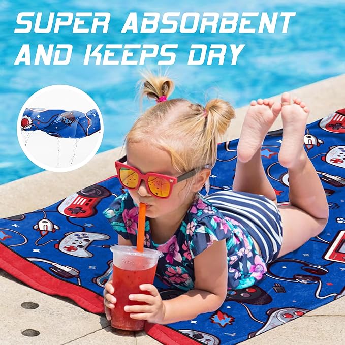 Hooded Towels for Kids -Toddler Beach Towel- Super Absorbent & Quick Dry 100% Cotton 30x50 Inch - to Kid Ages 3-10-Video Game/Gaming Pattern Design
