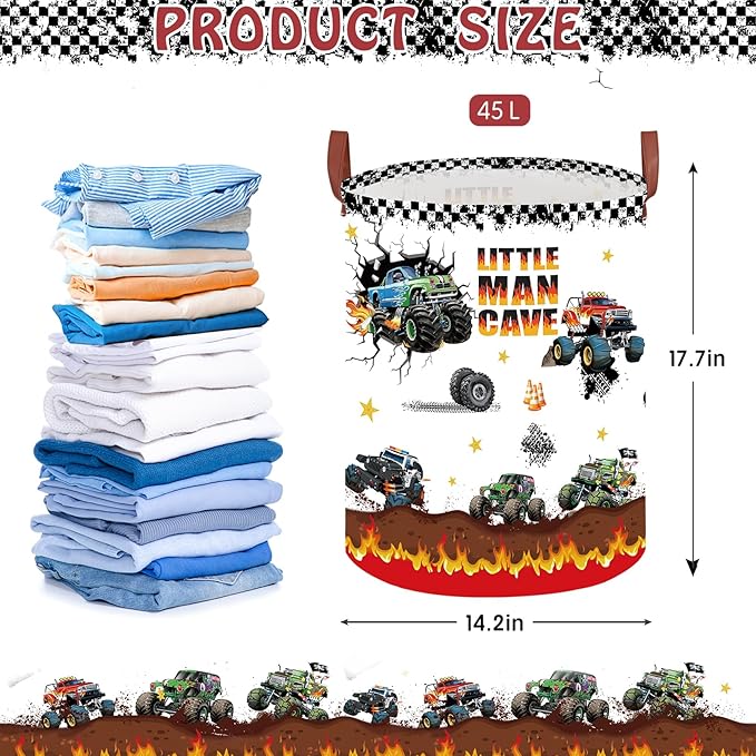 Monster Trucks Laundry Hamper,Car Room Decor Storage Basket,Kid Valentine's Day Gift Toy Bin Nursery Hamper, Collapsible Clothes Book Organizer Bin for Boy (Round)