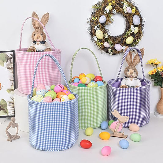Plaid Easter Basket Stitch Easter Bag for Kids Colorful Cloth Baskets with Long Handle 9 Inch Spring Decorations (Purple)
