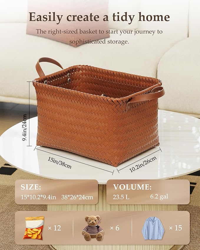 15x10x9 Woven Laundry Basket Hamper, Storage Basket for Clothes Blankets, 4-Pack Wicker Bin for Closet Shelves Bedroom Bathroom, Brown
