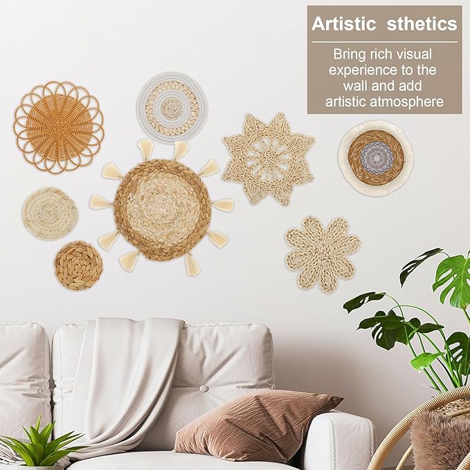 US 8 Pcs Wall Basket Decor Hanging Woven Basket Wall Decor Multipurpose Wall Basket Decor Set Decorative Basket Wall Decor Set for Home Living Room Bedroom Nursery(8,Colour)