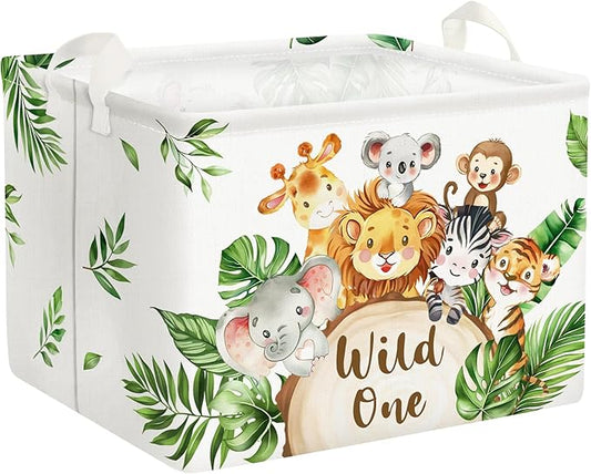 Clastyle 36L Large Safari Animals Elephant Shelf Basket Lion Rectangle Collapsible Dirty Clothes Baby Basket Jungle Koala Giraffe Book Toy Storage Bin for Nursery