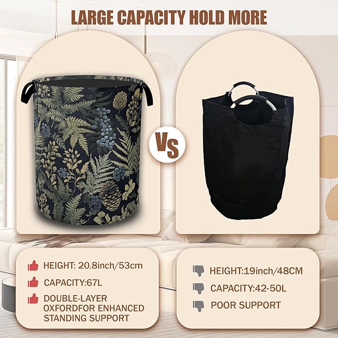 Tropical Leaves Floral Laundry Baskets,Laundry Hamper,Storage Basket with Handles for Bathroom Bedroom College Dormitory Living Room Nursery Organizer 16"x20.8"