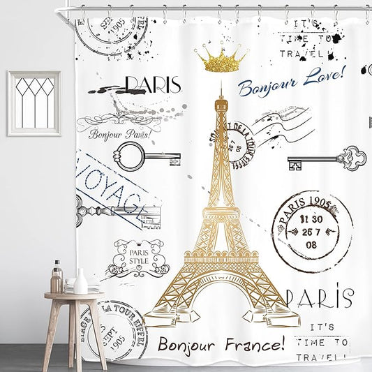 Homewelle Pairs Eiffel Tower Theme Shower Curtain for Bathroom Neutral French 60Wx72H Golden Lettering European France Crown Post Card Retro Stamp Modern Waterproof Polyester Fabric Bathroom Bathtub