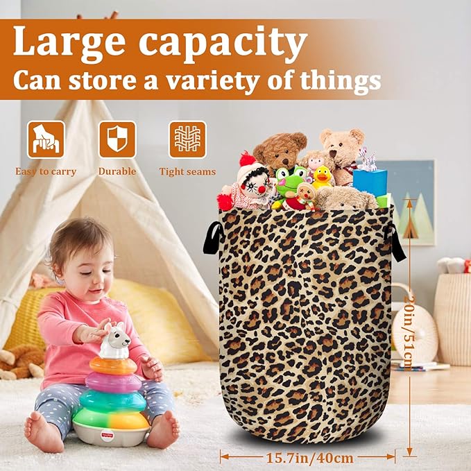 Brown Leopard Laundry Basket with Sturdy Handles, Natural Animal Skin Print Collapsible Oxford Cloth Laundry Hamper Organizer Basket for Bathroom Bedroom 15.7x20 Inch