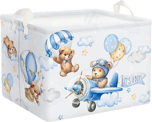 Clastyle 36L Large Blue Bear Pilot Hot Air Balloon Shelf Basket with Handle Collapsible Rectangle Toy Clothes Storage Basket for Kid Room Nursery, 40 * 30 * 30 cm