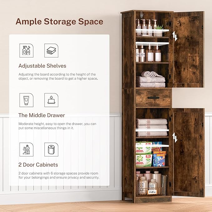 WEENFON Tall Bathroom Cabinet, Storage Cabinet with 6 Shelves & Drawer, Bathroom Storage Cabinet with Adjustable Shelves, Tall Cabinet for Living Room, Home Office, Brown
