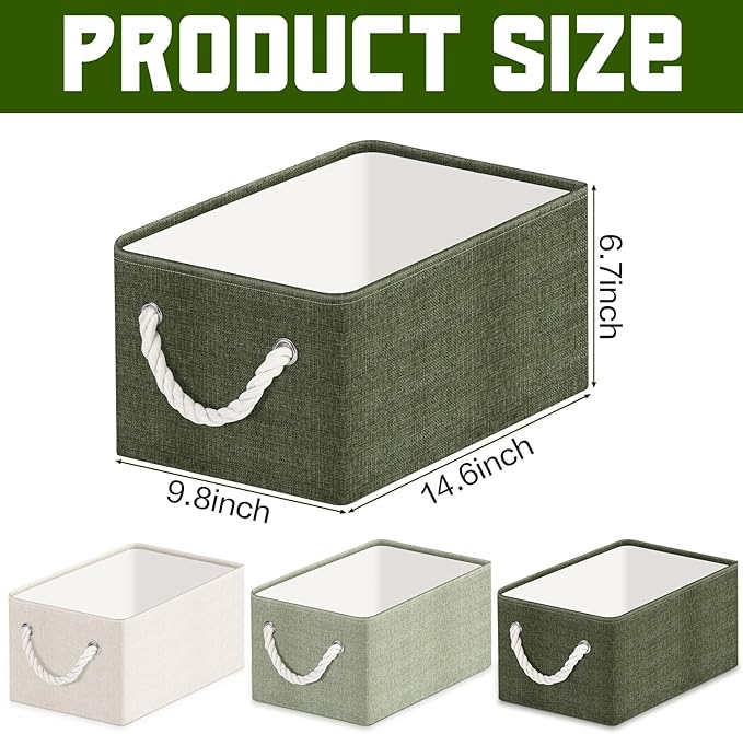 Maxcheck 3 Pcs Boho Farmhouse Storage Basket Sage Green Foldable Large Canvas Laundry Basket for Bathroom Laundry Room Shelves Fabric Rectangle Storage Bin with Handle for Cloth Body Wash Toilet Paper