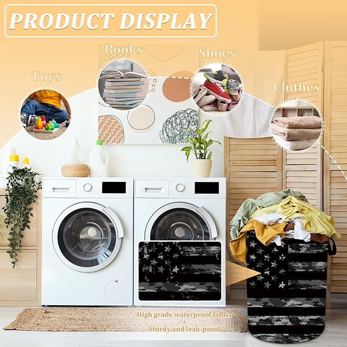 Black Camo USA Flag Laundry Basket, Foldable Waterproof Oxford Cloth Laundry Hamper Funny Tote Bag Dirty Clothes Storage Bucket Toy Organizer for Bathroom/Laundry/Bedroom 15.7"x19.6"
