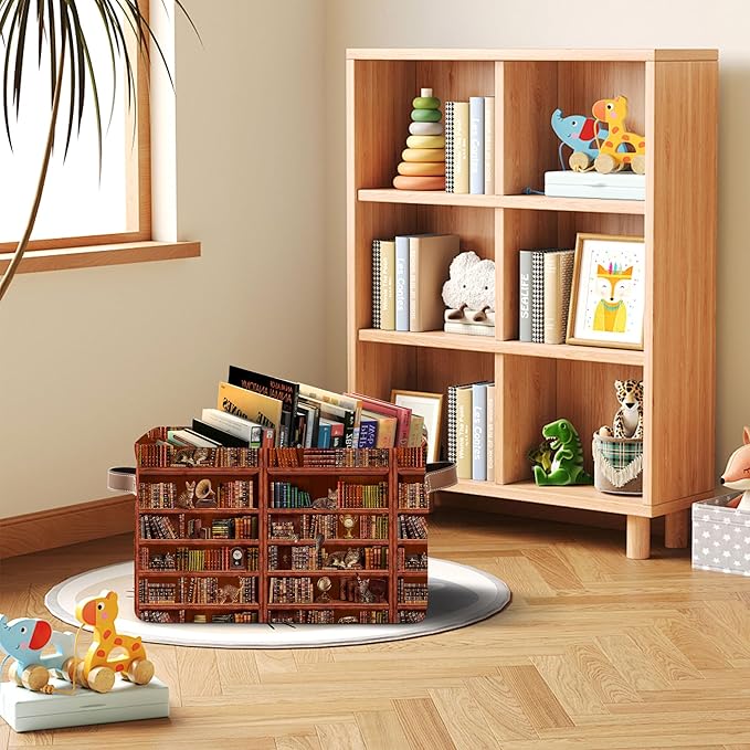 Vintage Cat Storage Bins, Cat on a Book Collapsible Storage Bin with Handles, Cute Kitten on Bookshelf Canvas Organizer for Kids Clothes, Gifts, Books, Toys